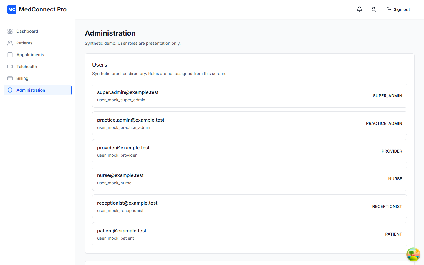 Administration user list with synthetic demo accounts