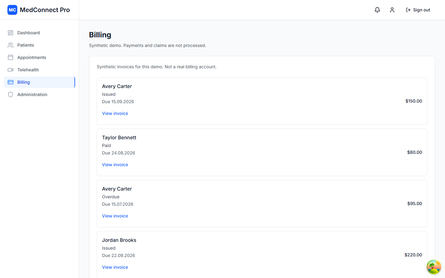 Billing invoice list with synthetic demo invoices